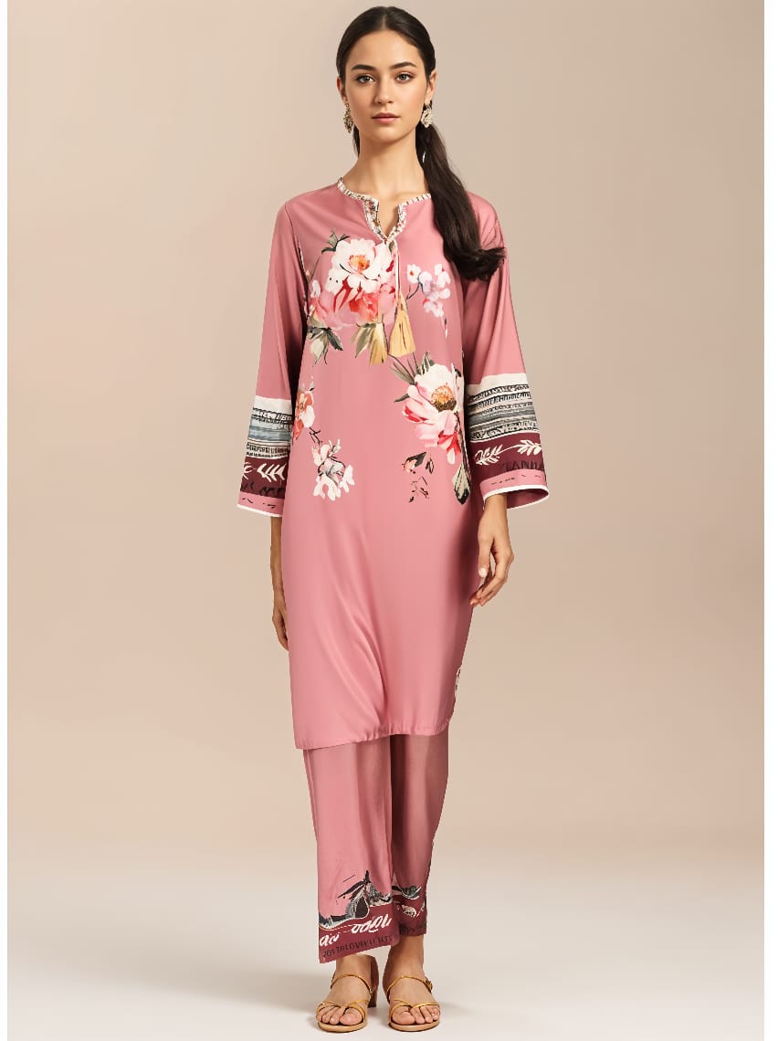 PINK FLORAL CO-ORD SET STITCHED FOR GIRLS