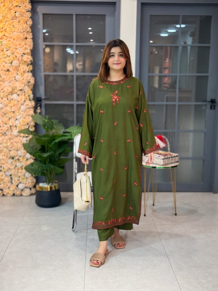 OLIVE LONG LENGHT 2PC STITCHED FOR GIRLS
