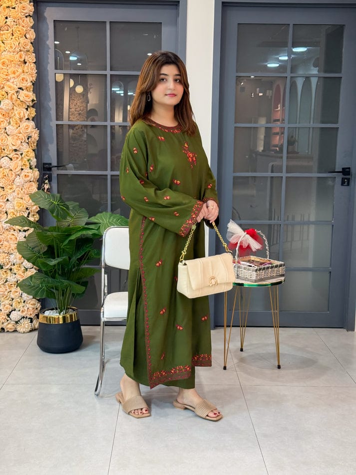 OLIVE LONG LENGHT 2PC STITCHED FOR GIRLS