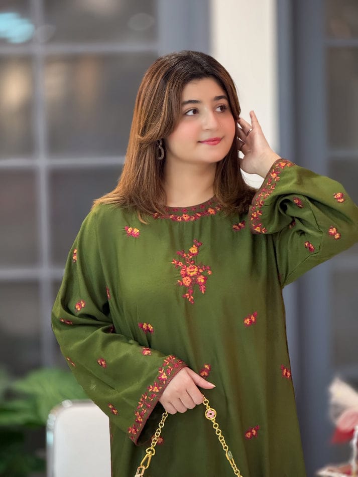 OLIVE LONG LENGHT 2PC STITCHED FOR GIRLS