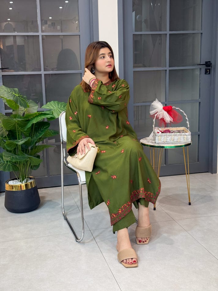 OLIVE LONG LENGHT 2PC STITCHED FOR GIRLS