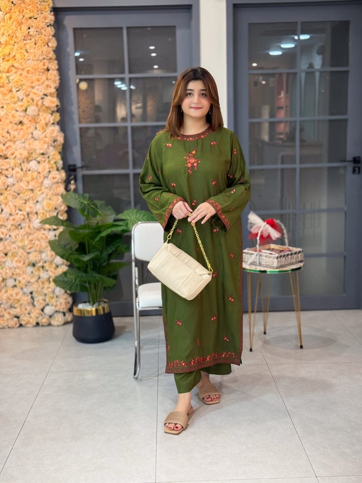 OLIVE LONG LENGHT 2PC STITCHED FOR GIRLS