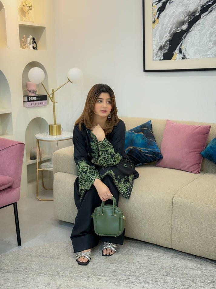 BLACK MISHEL EMB CO-ORD SET STITCHED FOR GIRLS