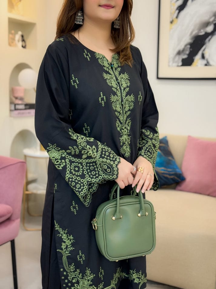 BLACK MISHEL EMB CO-ORD SET STITCHED FOR GIRLS